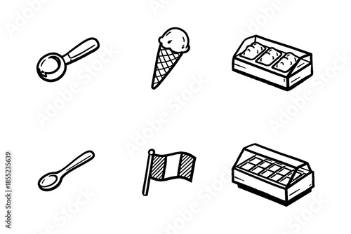 Set of hand drawn ice cream icons with scoop, cone, and display cases