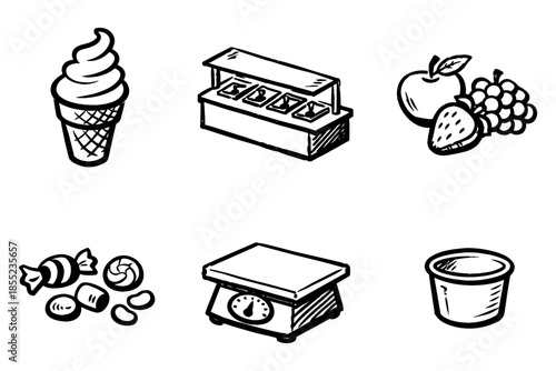 Hand drawn food icons set: ice cream, fruits, sweets, scale, cup, container