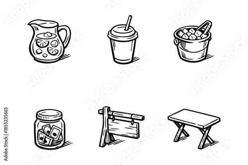 Summer beverage and outdoor essentials in hand drawn style