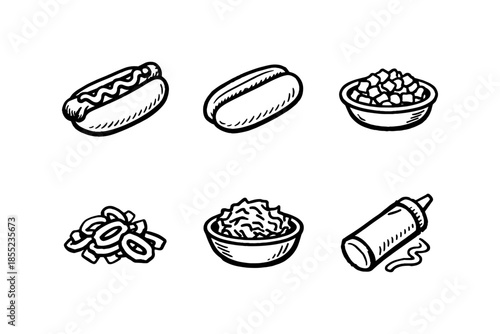 Hand drawn fast food icons: hot dog, sandwich, toppings, sauce bottle