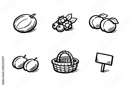 Hand drawn black and white fruit sketches with basket and sign