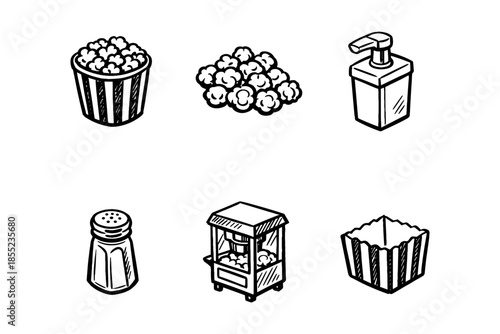 Hand drawn popcorn icons collection: buckets, popper, dispenser, salt shaker
