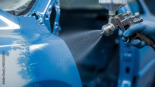 Close-up of a professional spray gun applying a smooth coat of metallic blue paint to a car body in an industrial workshop, precision finishing.