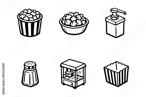Popcorn snack icons collection: line art style for cinema and fast food themes