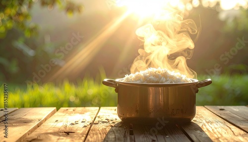 Steaming Rice in a Pot on Wooden Table Outdoors