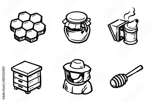 Hand drawn beekeeping icons set featuring honeycomb, jars, and equipment