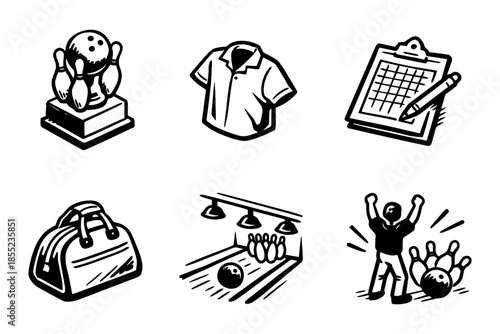 Retro bowling icons set featuring ball, pins, shirt, bag, and score sheet