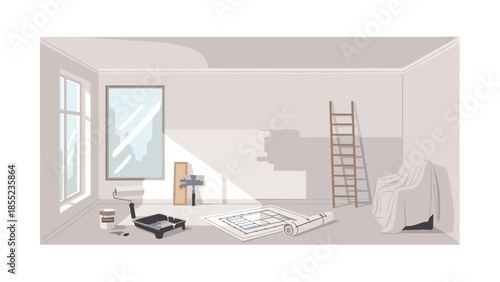 Room undergoing renovation, featuring a paint roller, paint tray, ladder, and a blueprint, indicating an active home improvement project.