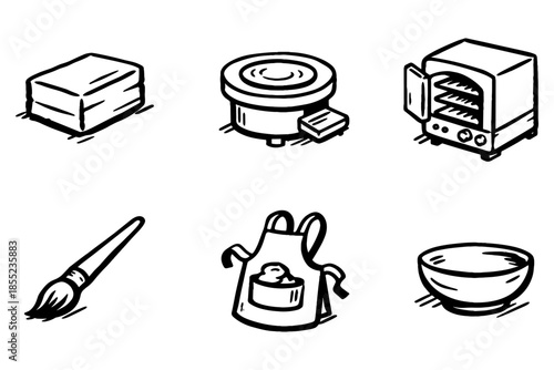 Hand drawn pottery tools and equipment set for creative workshop inspiration