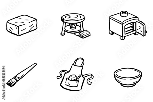 Hand-drawn pottery tools and materials set for creative workshops and artisans