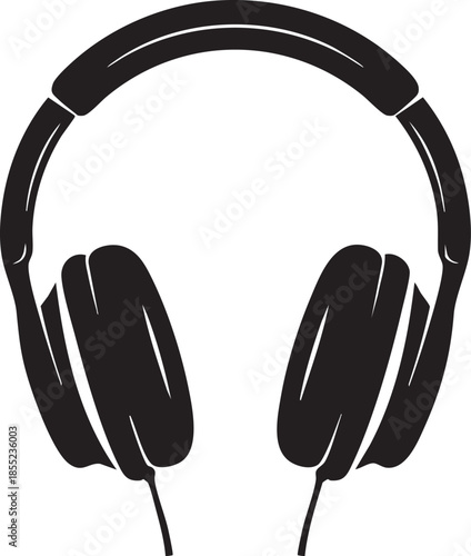 black and white silhouette of over-ear headphones with padded headband and ear cups for audio, music or podcast themes