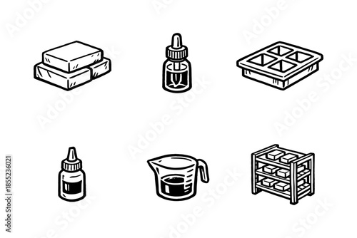 Hand drawn soap making icons: bars, rack, ingredients, molds, dropper, beaker