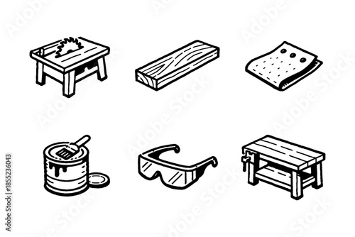 Hand drawn carpentry tools collection with saw, wood planks, and safety gear