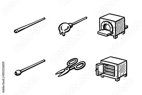 Handcrafted glassblowing tools and equipment in detailed black and white style