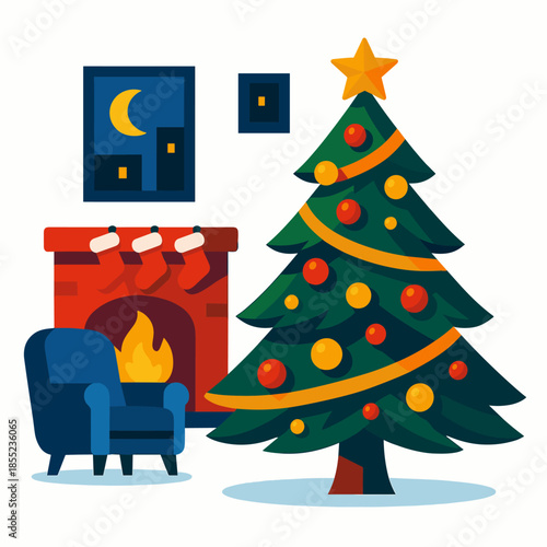 Cozy christmas living room with decorated tree and fireplace, night window with moon, warm holiday home interior scene with stockings and lights