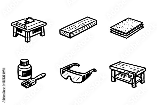 Woodworking tools and materials: hand-drawn set of essential workshop items