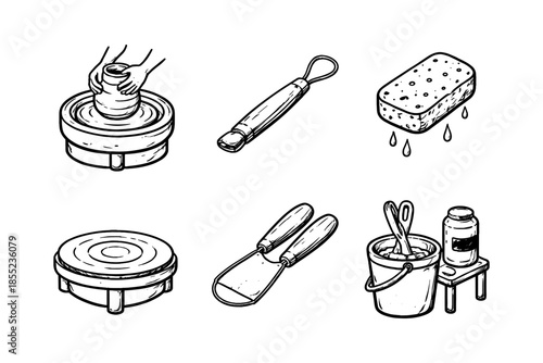 Handcrafted pottery tools collection: sketch design of pottery equipment