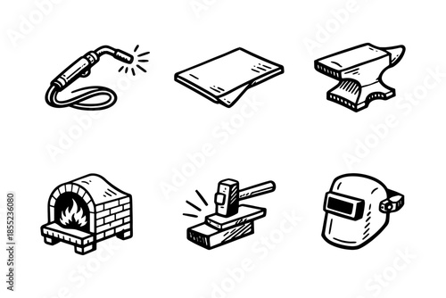 Set of hand-drawn blacksmith tools icons in vintage style