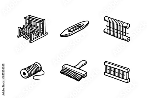 Traditional weaving tools collection: handloom, shuttle, yarn, and more in black and white design