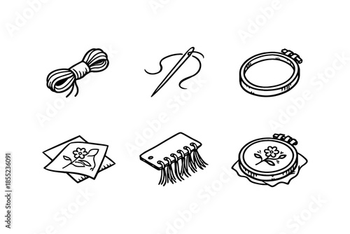 Hand drawn embroidery craft icons: needle, thread, and embroidery tools