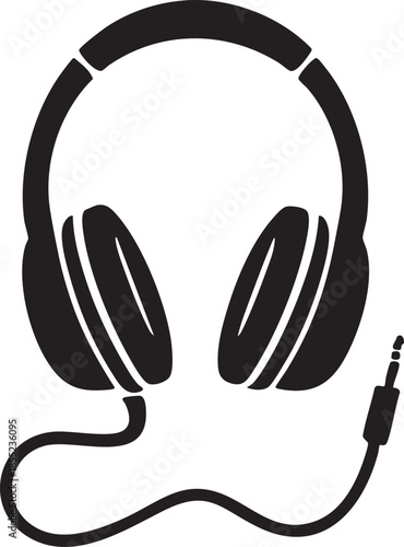 black and white silhouette of over-ear headphones with padded headband and ear cups for audio, music or podcast themes