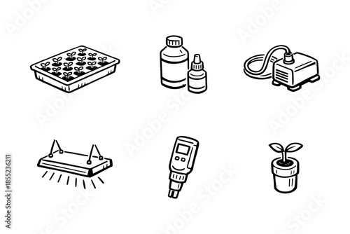 Essential hydroponics equipment: seedling tray, nutrients, pump, grow light, ph tester, plant pot