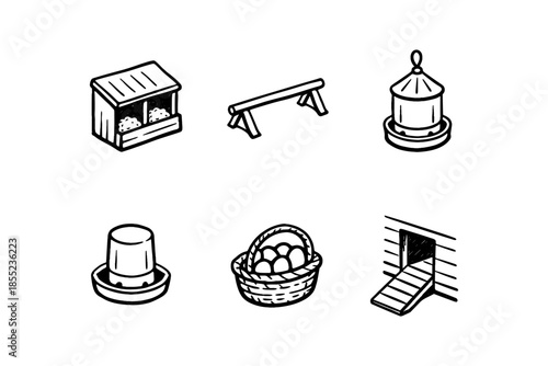 Essential chicken coop equipment: feeders, perches, nesting and more in hand drawn style