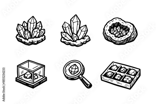 Hand-drawn crystal and gemstone collection featuring magnifying glass and display cases