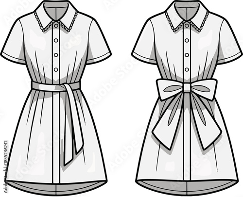 Elegant shirt dress designs with bow and belt details Vector