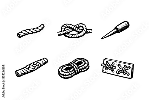 Black and white hand drawn knot diagram set with rope and awl