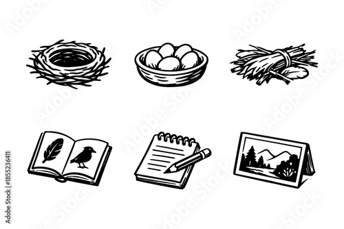 Nature symbols with books, eggs, and scenic art in retro style