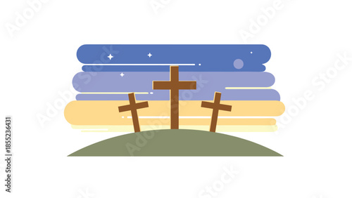Three minimalist wooden crosses positioned on a green hill, set against a stylized, abstract sky background, symbolizing Christian faith and hope.