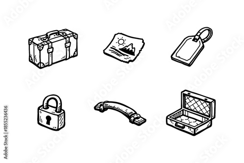 Hand drawn travel essentials: suitcase, map, and accessories collection