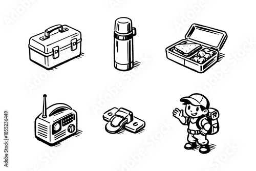 Camping essentials in vintage style: backpack, radio, lunchbox, thermos, latch, child explorer