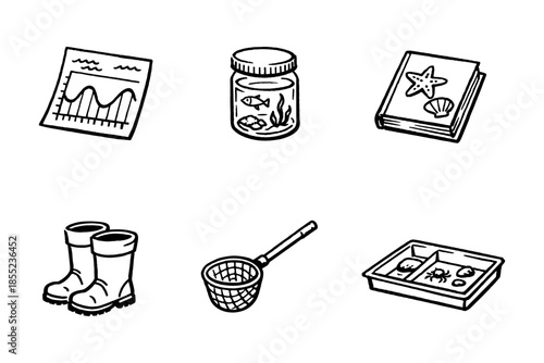 Nature exploration tools: hand drawn collection of essential outdoor adventure elements