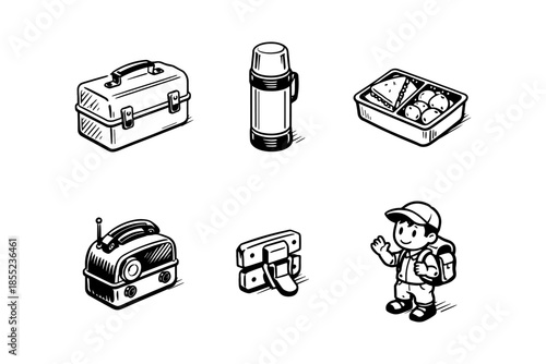 Retro travel essentials: hand-drawn lunchbox, thermos, backpack & more