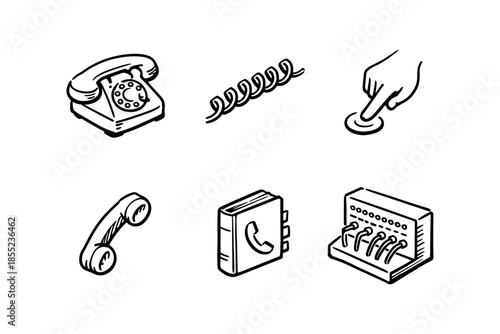 Vintage telephone icons set in hand drawn style with rotary dial and old school elements