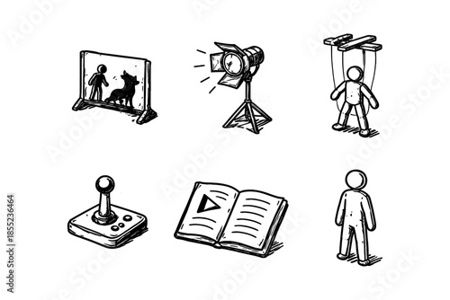 Hand drawn entertainment and creative arts icons: shadow puppets to open book