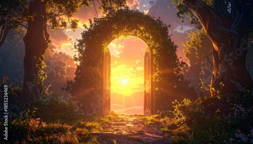 Stone Archway at Sunset in a Mystical Forest