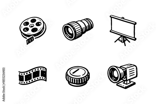 Hand drawn cinema icon set featuring film reel, projector, and camera