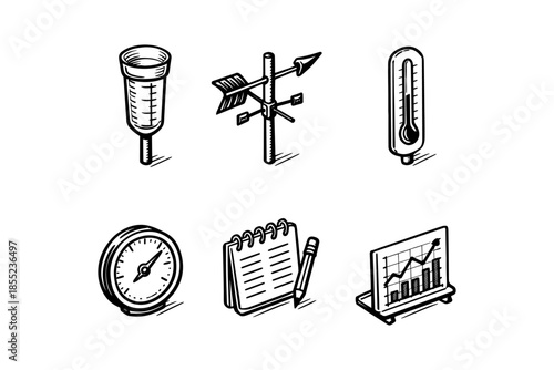 Hand-drawn weather and business icons: rain gauge, thermometer, graph
