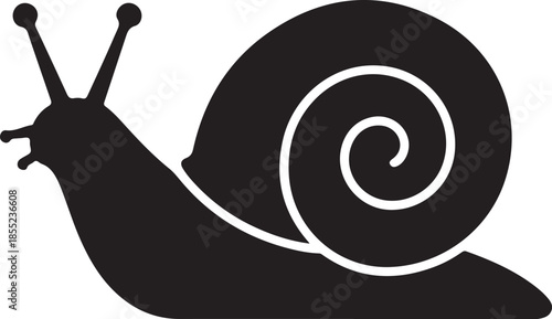 Black and white of a snail with a spiral shell and antennae