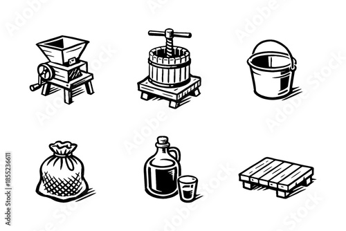 Vintage cider press set: retro hand drawn rural tools collection