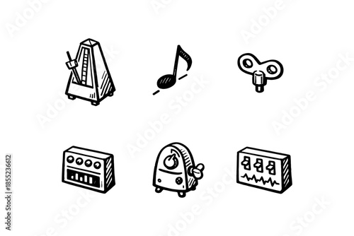 Hand-drawn music icons: metronome, musical note, tuner, equalizer, timer, synthesizer