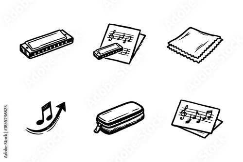 Hand-drawn harmonica and music notes set with accessories for musical creativity