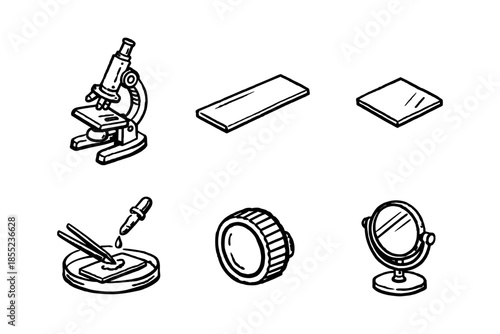 Hand-drawn science lab equipment set: microscope, petri dish, mirror, and slides