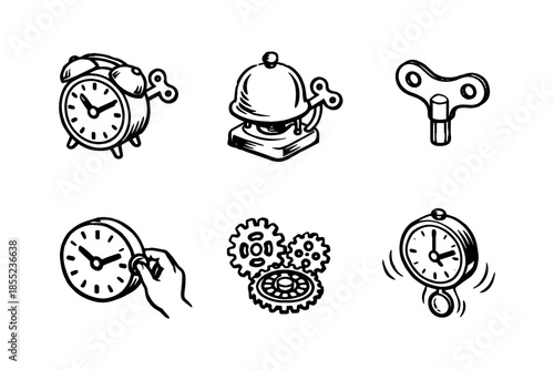 Hand drawn clock icons and gears set for vintage timekeeping themes