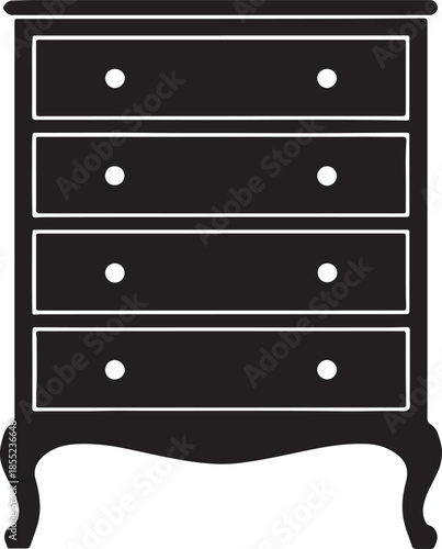 Black Silhouette of a Four- Drawer Chest of Drawers with White Accents white background