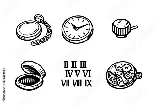 Vintage hand drawn watch elements with roman numerals and gears