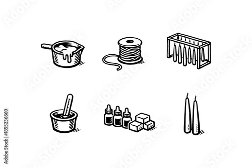 Vintage candle making icons: melting, wick, wax mold, stirring, dyes, tapers